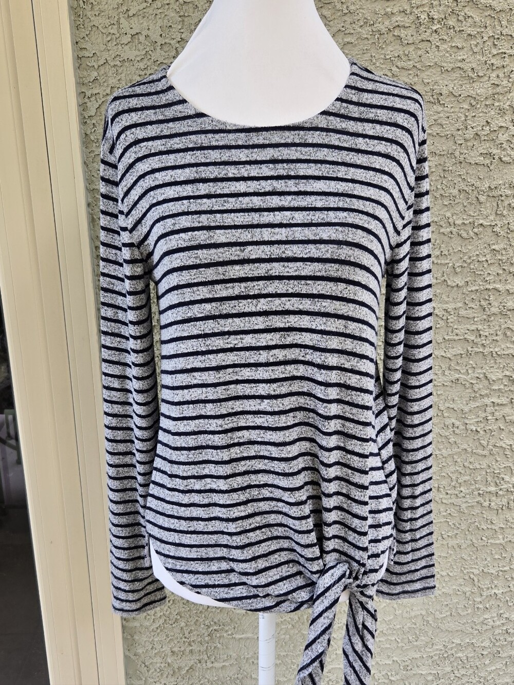 Stella & Dot Striped Long-Sleeve Tie-Hem Top in Black and White